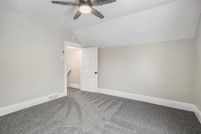 bonus room with carpet floors, vaulted ceiling, and ceiling fan