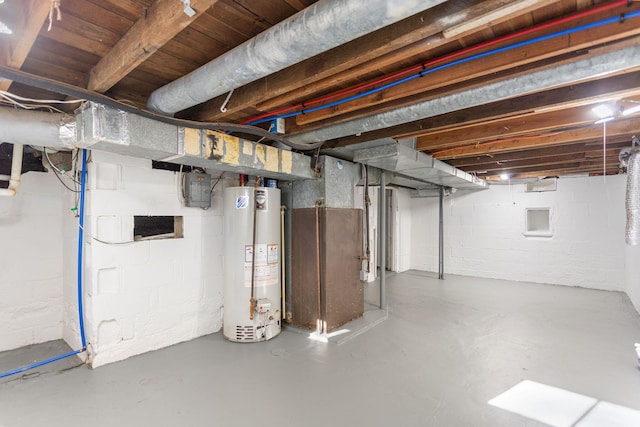 basement featuring electric panel and water heater