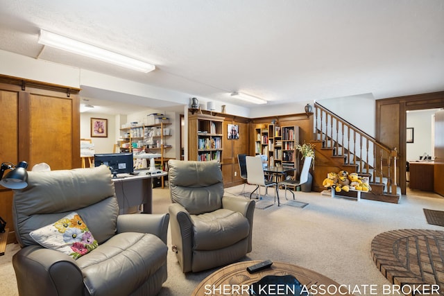 living room featuring light carpet