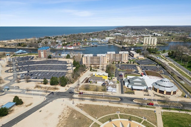 drone / aerial view with a water view