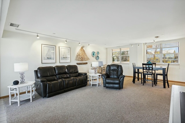 living room with carpet and rail lighting