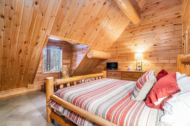 carpeted bedroom with wooden ceiling, wooden walls, and lofted ceiling with beams