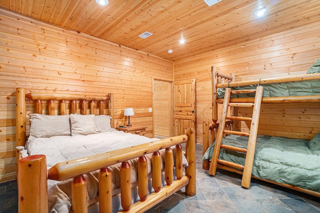 bedroom featuring wooden walls and wood ceiling