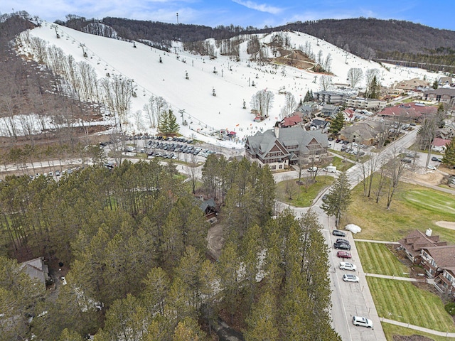 snowy aerial view featuring a mountain view