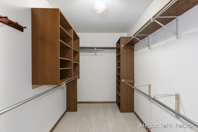 walk in closet with light carpet