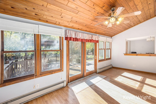 interior space with vaulted ceiling, wooden ceiling, light hardwood / wood-style flooring, and a baseboard heating unit