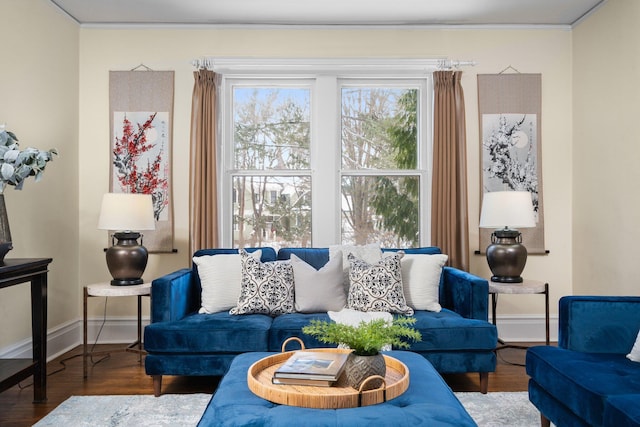 living room with wood-type flooring and ornamental molding