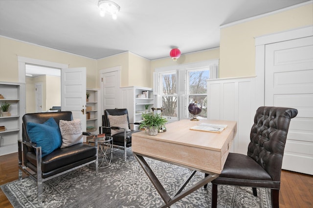 office space featuring ornamental molding and dark hardwood / wood-style floors