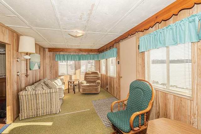 sitting room featuring carpet flooring and wooden walls