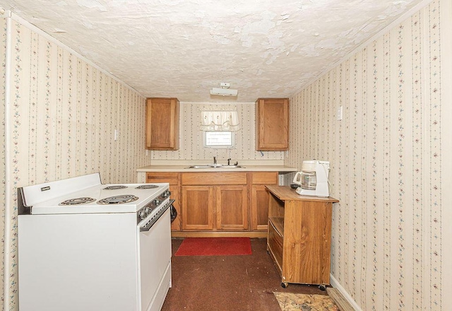 kitchen featuring a textured ceiling, white range with electric stovetop, and sink