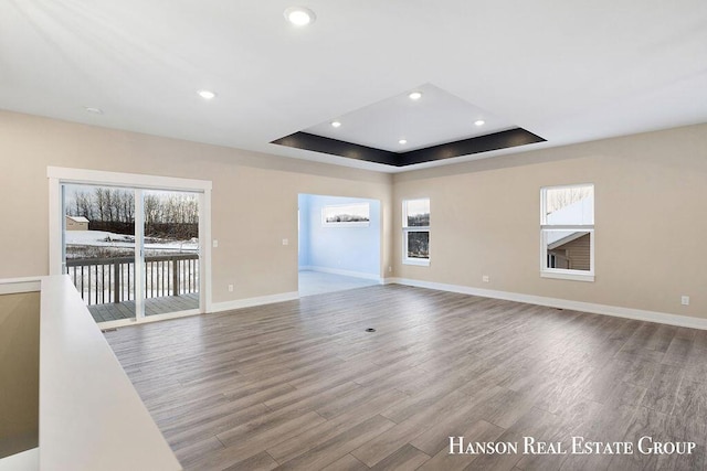 unfurnished living room with a raised ceiling and wood-type flooring