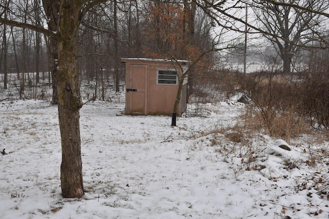 yard layered in snow with a shed