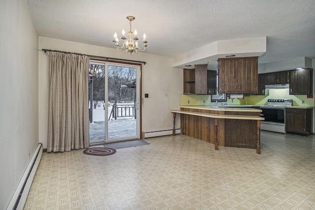 kitchen with kitchen peninsula, white electric range, dark brown cabinets, and baseboard heating