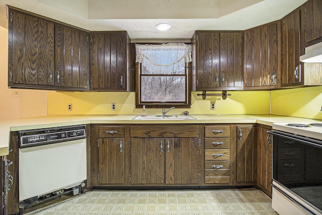 kitchen featuring dark brown cabinets, white appliances, and sink