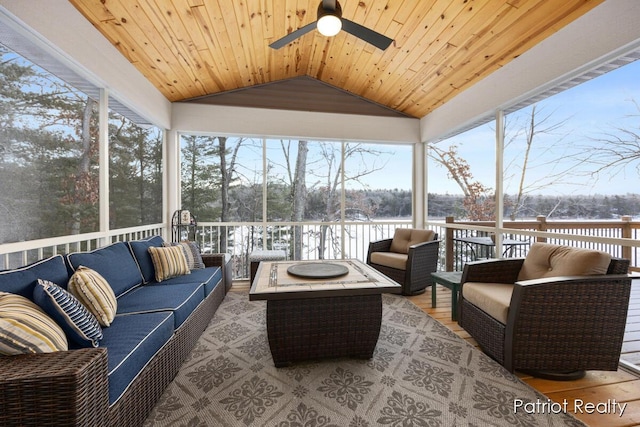 sunroom / solarium featuring ceiling fan, wood ceiling, a wealth of natural light, and lofted ceiling