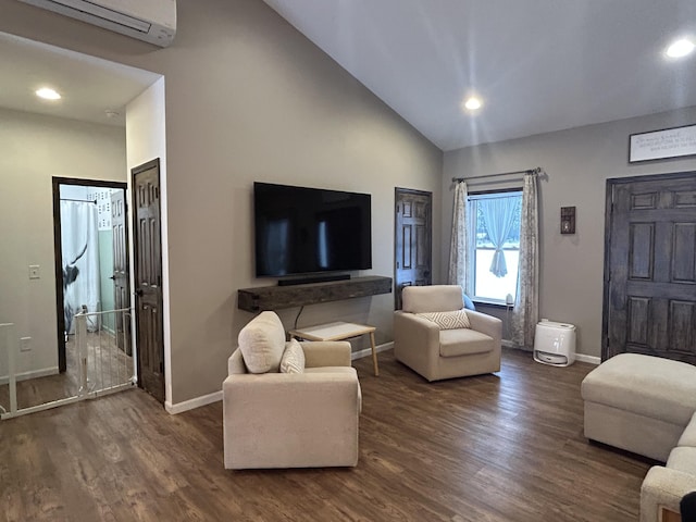 living room featuring dark hardwood / wood-style floors, a wall mounted AC, and vaulted ceiling