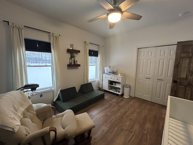 living room with ceiling fan and dark hardwood / wood-style floors