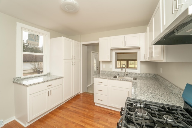 kitchen featuring white cabinetry, sink, light stone counters, and light hardwood / wood-style floors