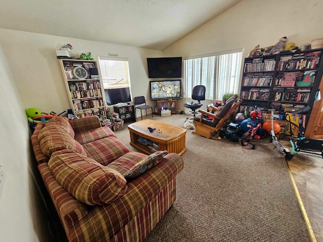 living room featuring lofted ceiling