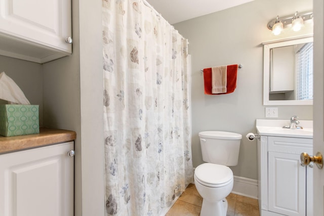 bathroom featuring tile patterned flooring, vanity, toilet, and a shower with shower curtain