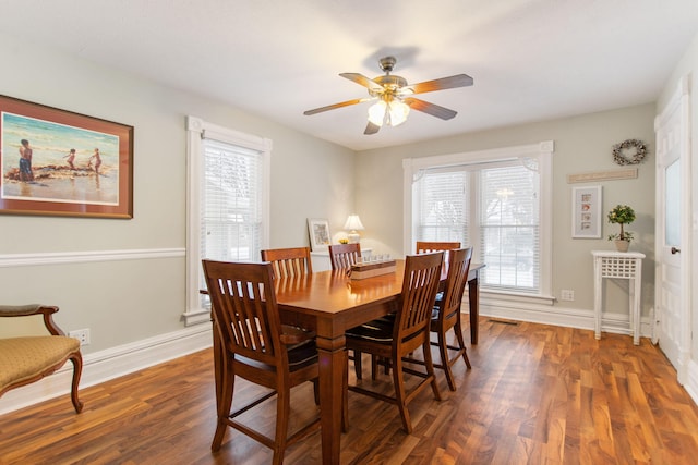 dining room featuring a wealth of natural light, ceiling fan, and dark hardwood / wood-style floors