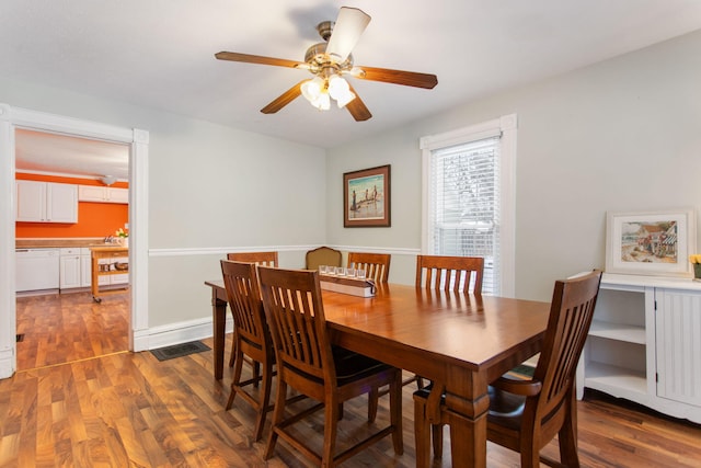 dining room featuring ceiling fan and dark hardwood / wood-style floors