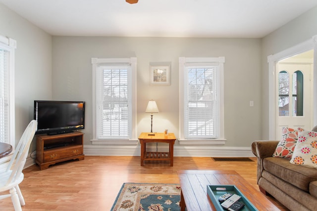 living room featuring light wood-type flooring and a wealth of natural light