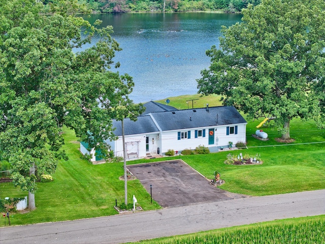 drone / aerial view featuring a water view