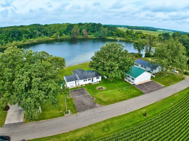 drone / aerial view featuring a rural view and a water view