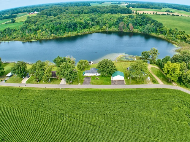 aerial view featuring a rural view and a water view