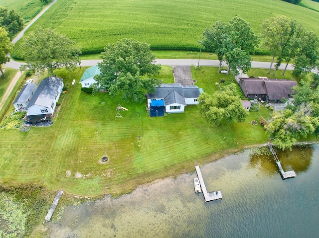 aerial view featuring a rural view and a water view