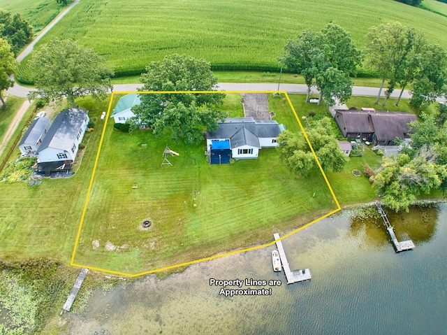 bird's eye view featuring a rural view and a water view