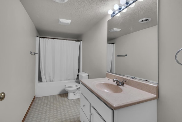 full bathroom featuring toilet, vanity, a textured ceiling, and shower / bathtub combination with curtain