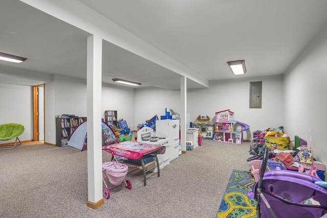 game room with carpet and electric panel