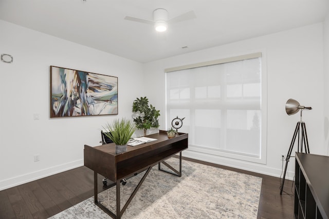 office with dark hardwood / wood-style floors and ceiling fan