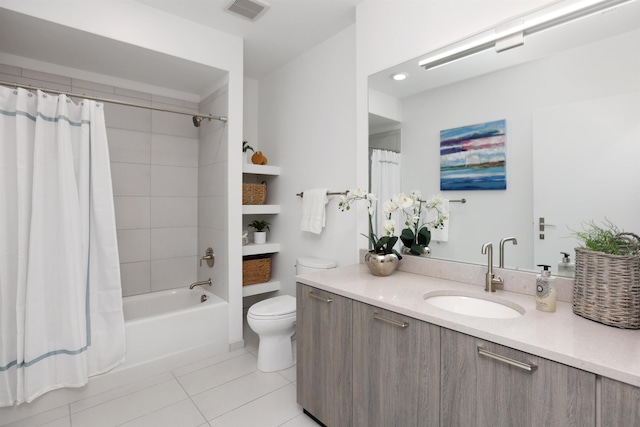 full bathroom with vanity, tile patterned flooring, shower / bathtub combination with curtain, and toilet