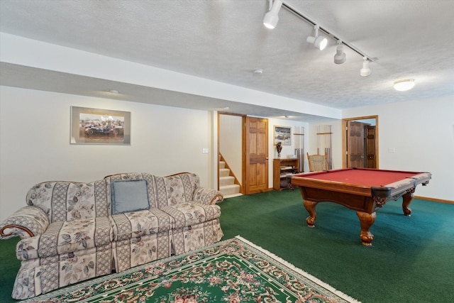 playroom featuring carpet flooring, track lighting, a textured ceiling, and pool table