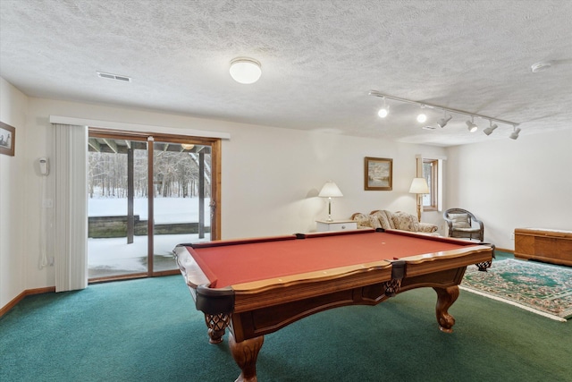 playroom with carpet floors, a textured ceiling, and pool table