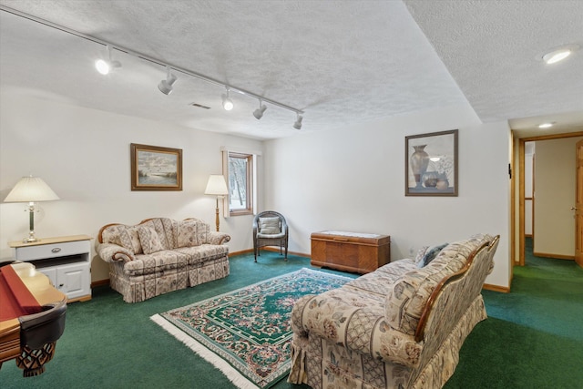 living room with carpet and a textured ceiling