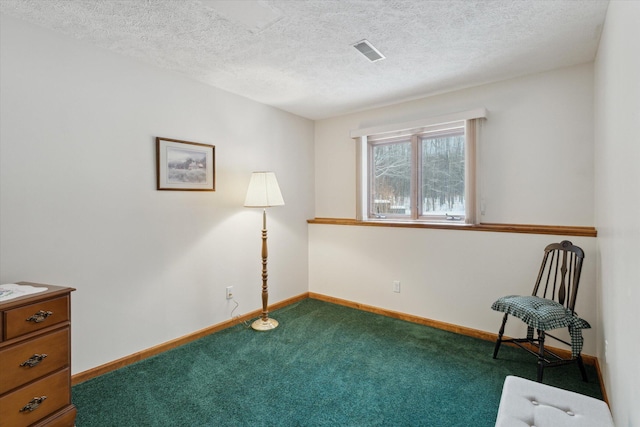 living area with carpet and a textured ceiling