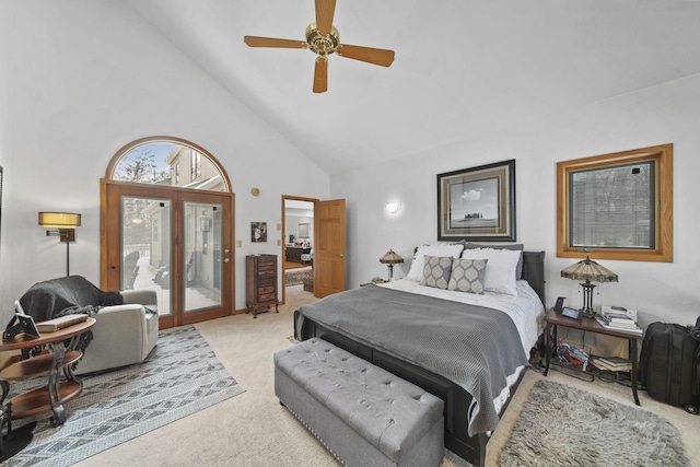 bedroom featuring ceiling fan, access to exterior, light carpet, and high vaulted ceiling