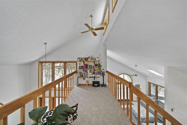 corridor featuring carpet floors and vaulted ceiling with skylight