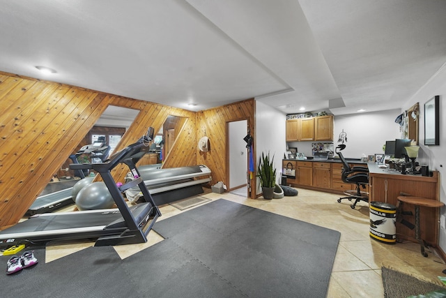 workout room with wooden walls