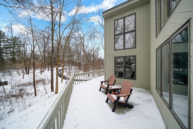 view of snow covered deck