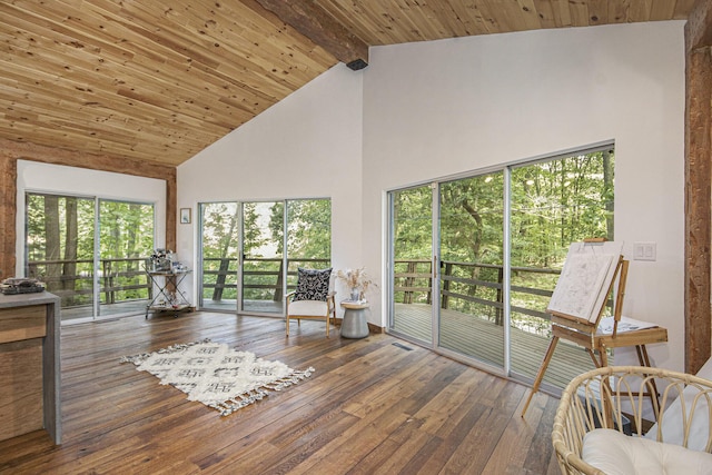 unfurnished sunroom with lofted ceiling with beams and wooden ceiling