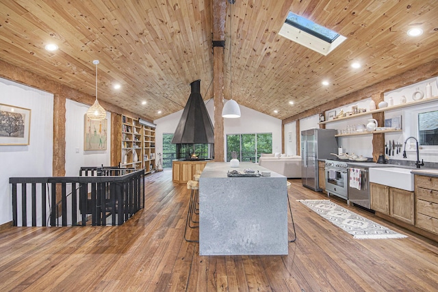 living room with wood-type flooring, a skylight, wooden ceiling, and sink