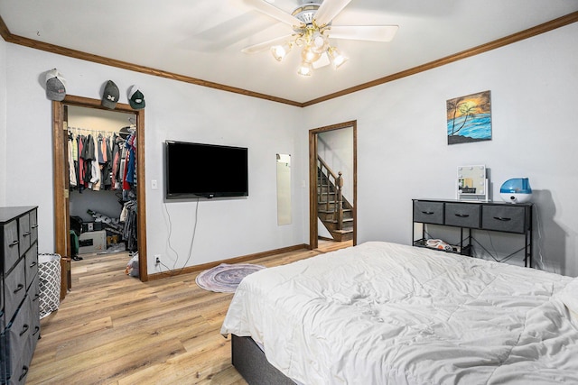 bedroom featuring hardwood / wood-style floors, ceiling fan, a spacious closet, ornamental molding, and a closet