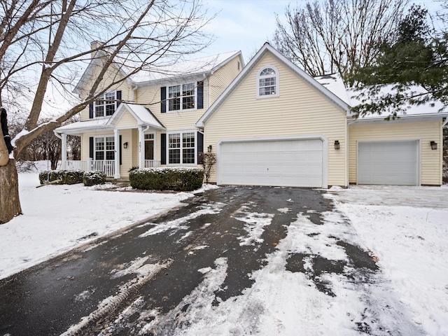 view of front property with a porch and a garage