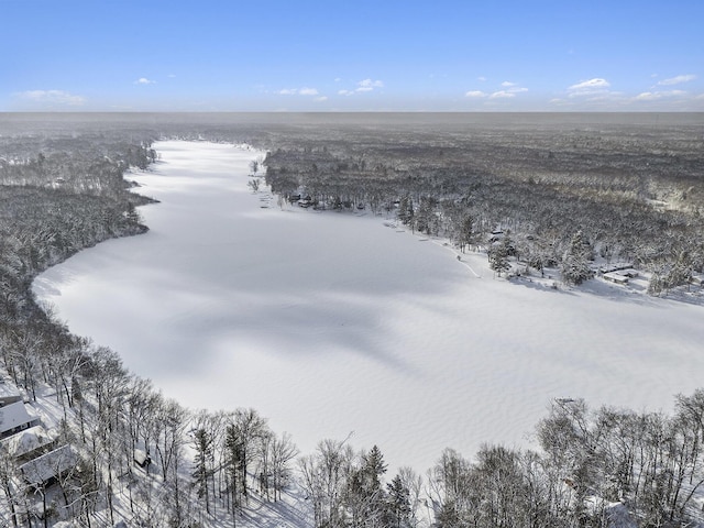 snowy aerial view with a water view