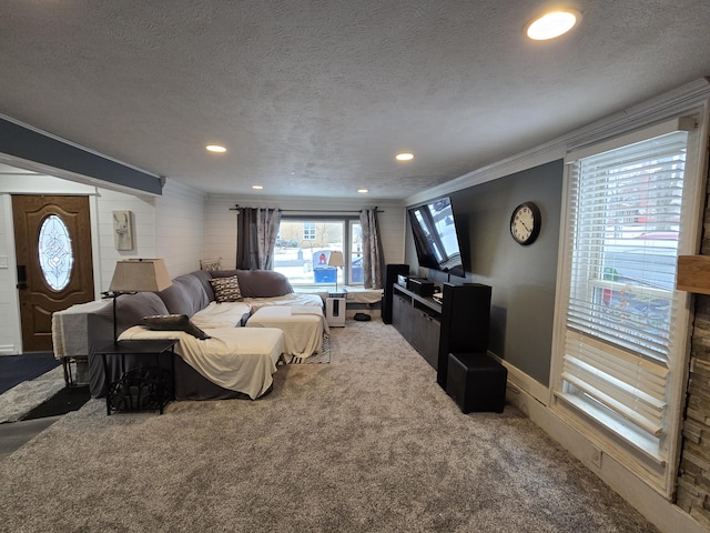 living room with crown molding, carpet floors, and a textured ceiling